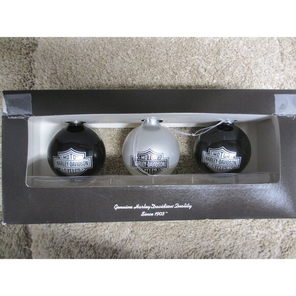 Lot of 3 Harley-Davidson Ornament Black & Silver Glass Christmas Balls With Logo - Picture 1 of 5